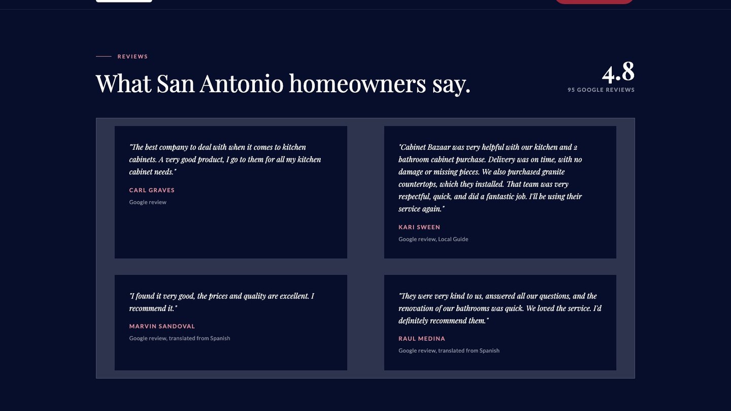 The reviews section of the new homepage