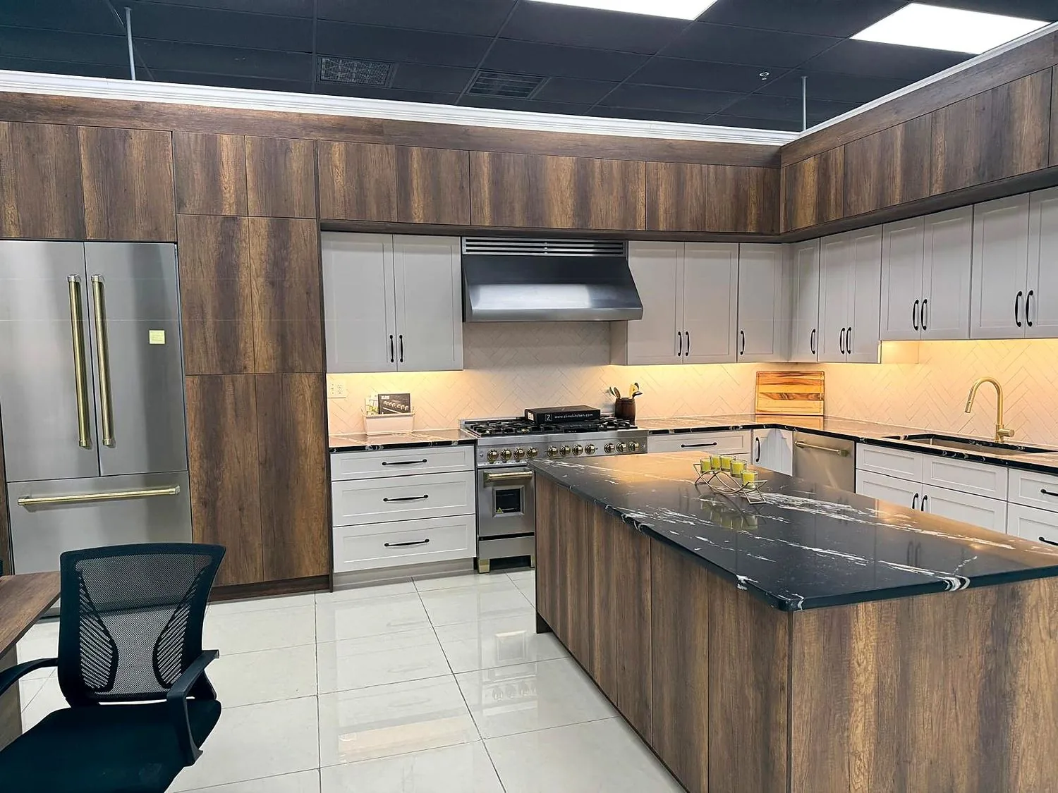 Walnut and white modern kitchen with a waterfall island and pro range