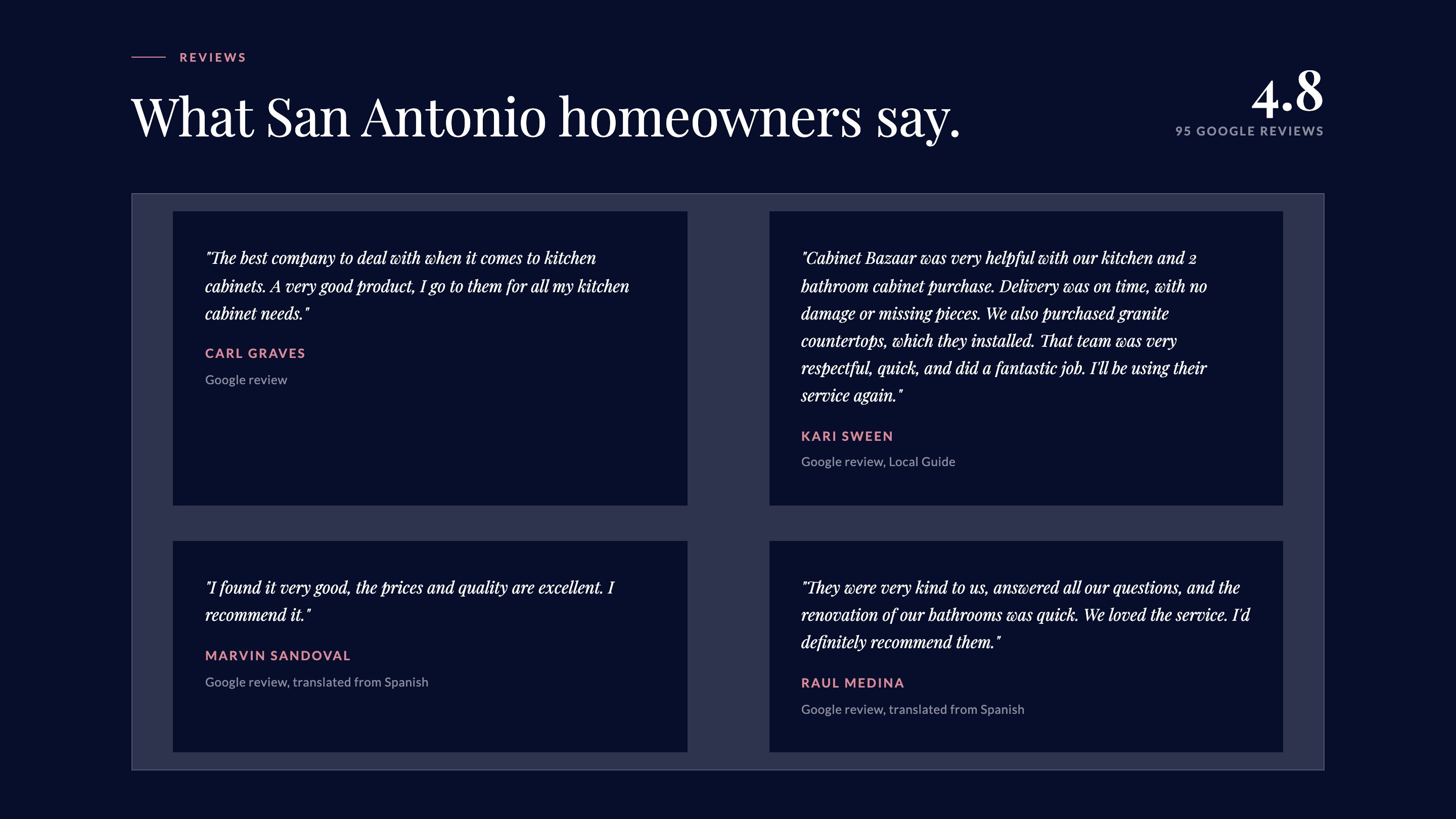 The reviews section of the new homepage